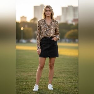 2 Piece blouse snake print half button flowy fabric & Black Skortz Jean Skirt